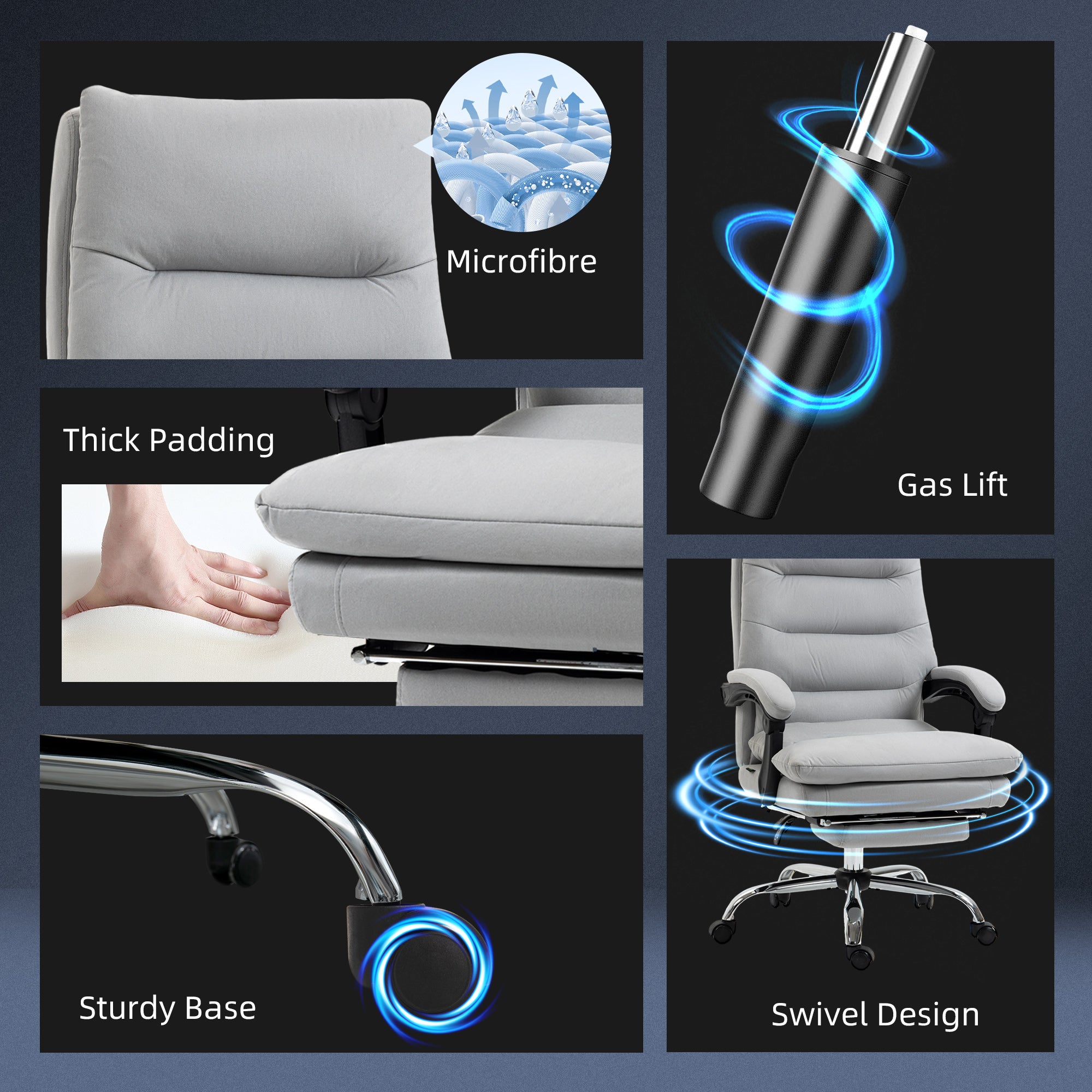 Vinsetto Office Chair with Footrest, Double Padding Ergonomic Desk Chair with 6-Point Vibration Massage and Back Heating, Microfibre Fabric with 135° Reclining Back, Grey